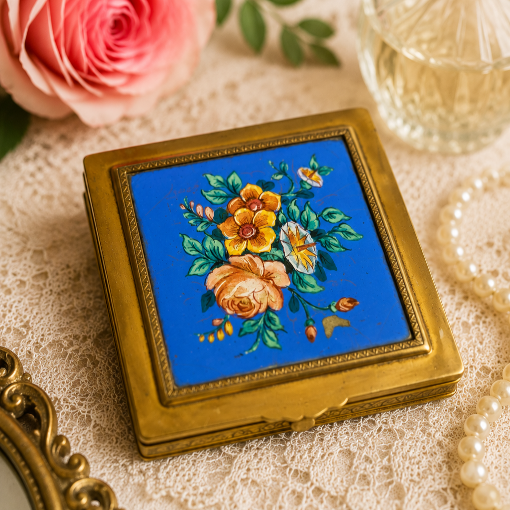 Vintage French Brass Compact Mirror – Hand-Painted Floral Blue Enamel Style Vanity Compact – Made in France – 7.5cm