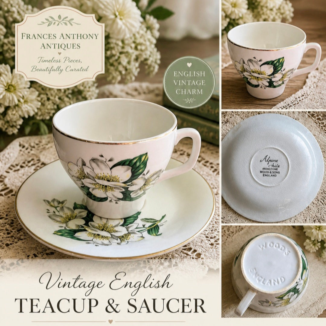 Vintage English Floral Teacup & Saucer – Cottage Garden Design, Wood & Sons Ironstone
