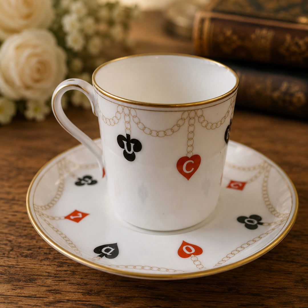 -SOLD- Vintage Aynsley Miniature Demitasse Cup & Saucer Playing Card Pattern Fine Bone China