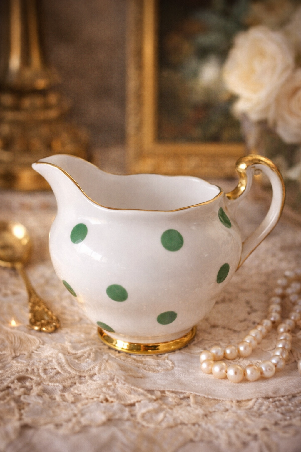 Vintage Royal Vale Bone China Milk Jug – Green Polka Dot & Gilt English Tea Set Creamer