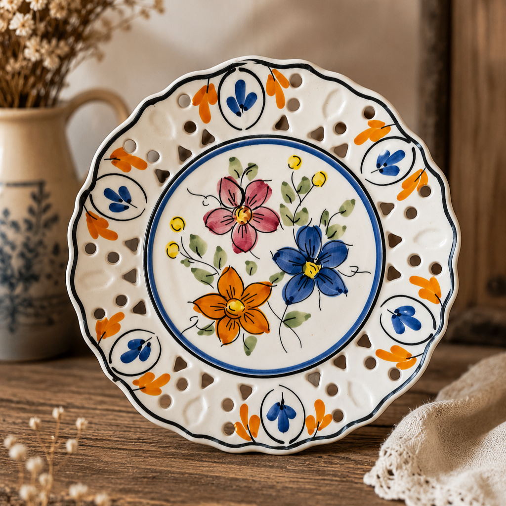 Vintage Hand Painted Spanish Pierced Ceramic Plate | Hnos Martinez Floral Pottery Dish | Rustic Mediterranean Wall Plate