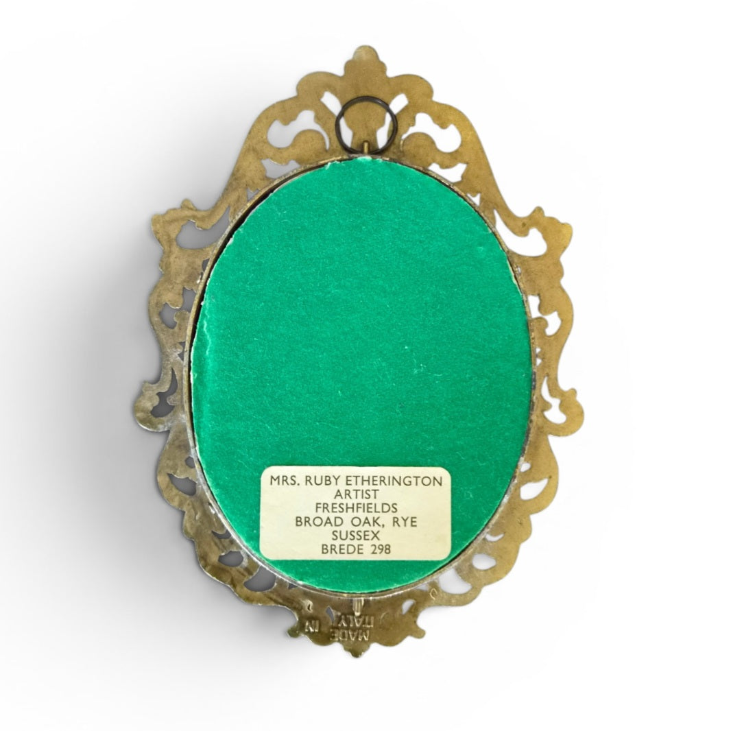 -SOLD- Vintage Hand Painted Floral Miniature Painting in Ornate Brass Frame – Artist: Ruby Etherington Rye Sussex