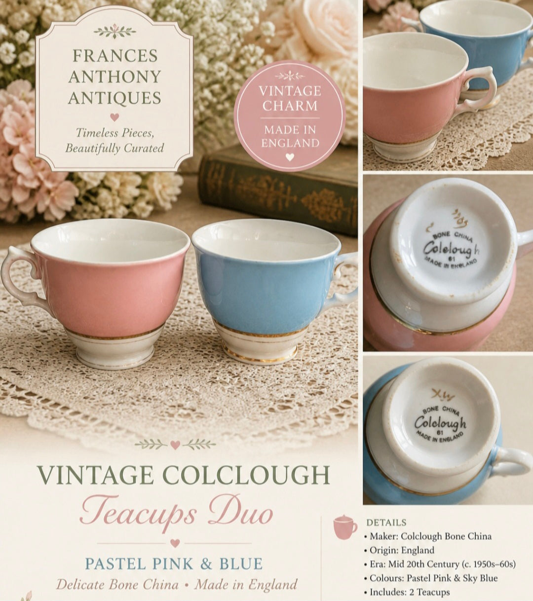 -SOLD- Vintage 'His and Hers' Colclough Bone China Teacups – Pastel Pink & Blue Duo, Made in England