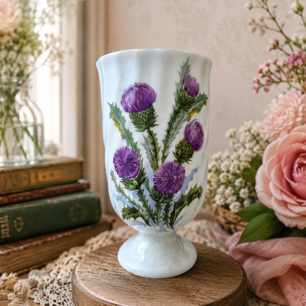 -SOLD- Vintage Royal Vale Thistle Bud Vase – Iridescent Blue Lustre Footed Vase – Made in England – Scottish Floral Bone China