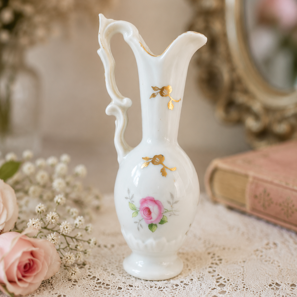 -SOLD- Vintage Limoges France Miniature Porcelain Bud Vase Jug Pink Rose & Gilt Detail