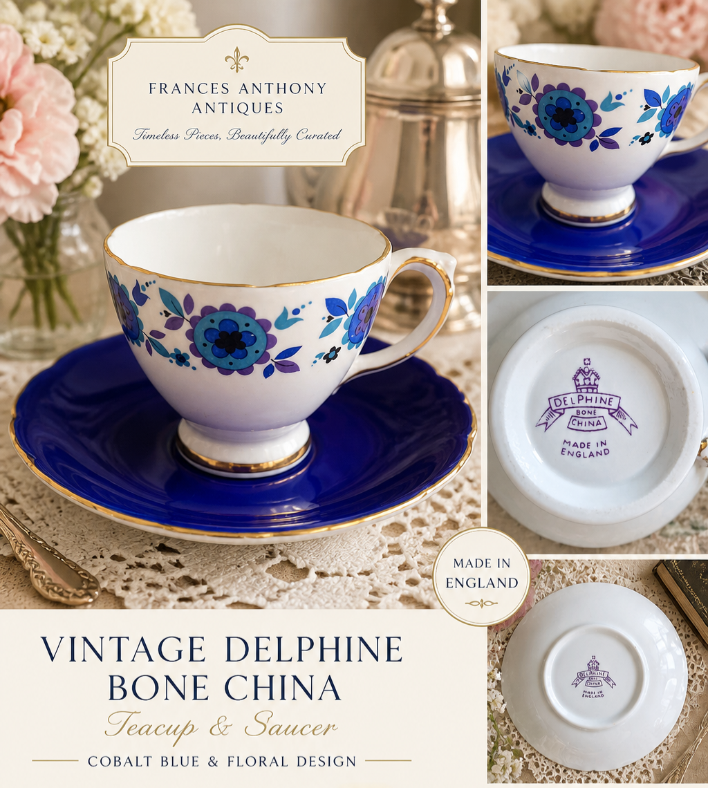 Vintage Delphine Bone China Teacup & Saucer – Cobalt Blue & Floral Design, Made in England