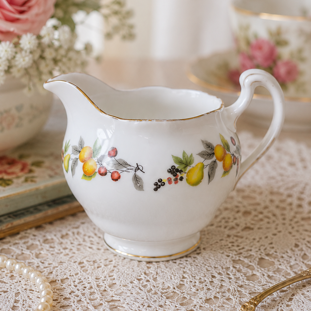 Vintage Royal Vale Bone China Cream Jug – English Floral & Fruit Milk Jug with Gilt Trim