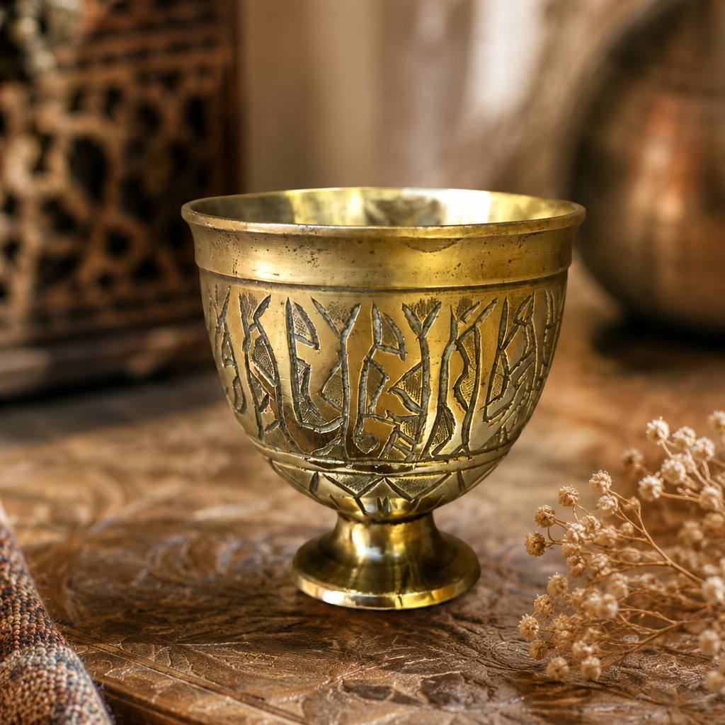 Vintage Etched Brass Miniature Goblet Chalice Cup | Middle Eastern Style Decorative Trinket Vessel