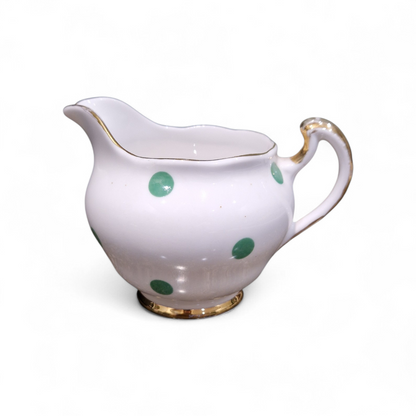 Vintage Royal Vale Bone China Milk Jug – Green Polka Dot & Gilt English Tea Set Creamer