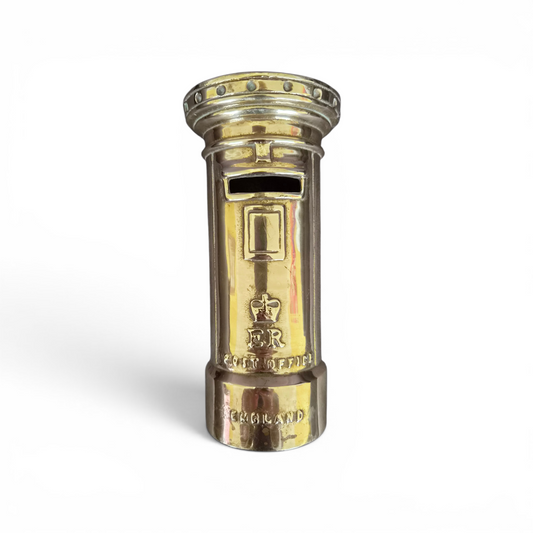 -SOLD- Vintage Brass Post Box Money Bank – Heavy English Letterbox Coin Savings Tin – Royal Mail Style Decorative Collectible
