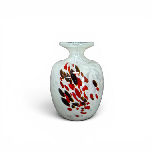 Vintage Mdina Glass Malta Studio Art Glass Vase White Mottled Red & Black Speckled Vase