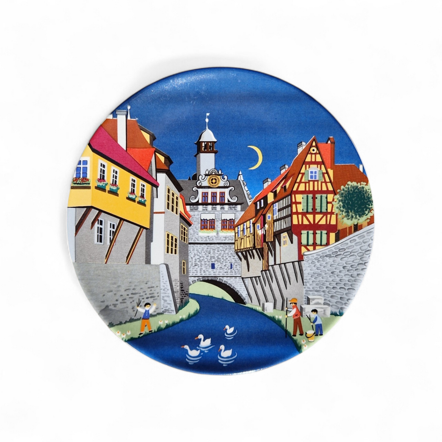 Poole Pottery Decorative Plate, Scene II 432, English Studio Ceramic, Vibrant Village River Scene