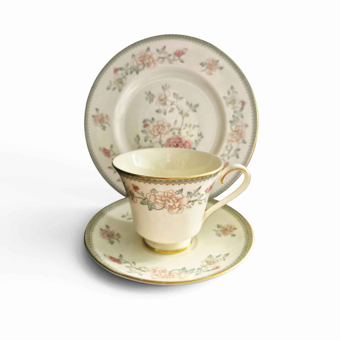 Vintage Minton Jasmine Bone China Trio Tea Cup Saucer & Plate Floral Gold Gilt, Royal Doulton England