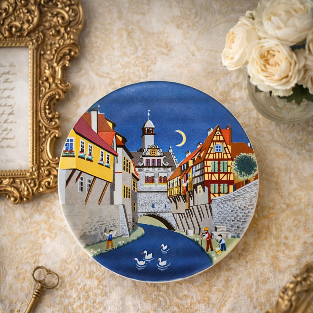 Poole Pottery Decorative Plate, Scene II 432, English Studio Ceramic, Vibrant Village River Scene