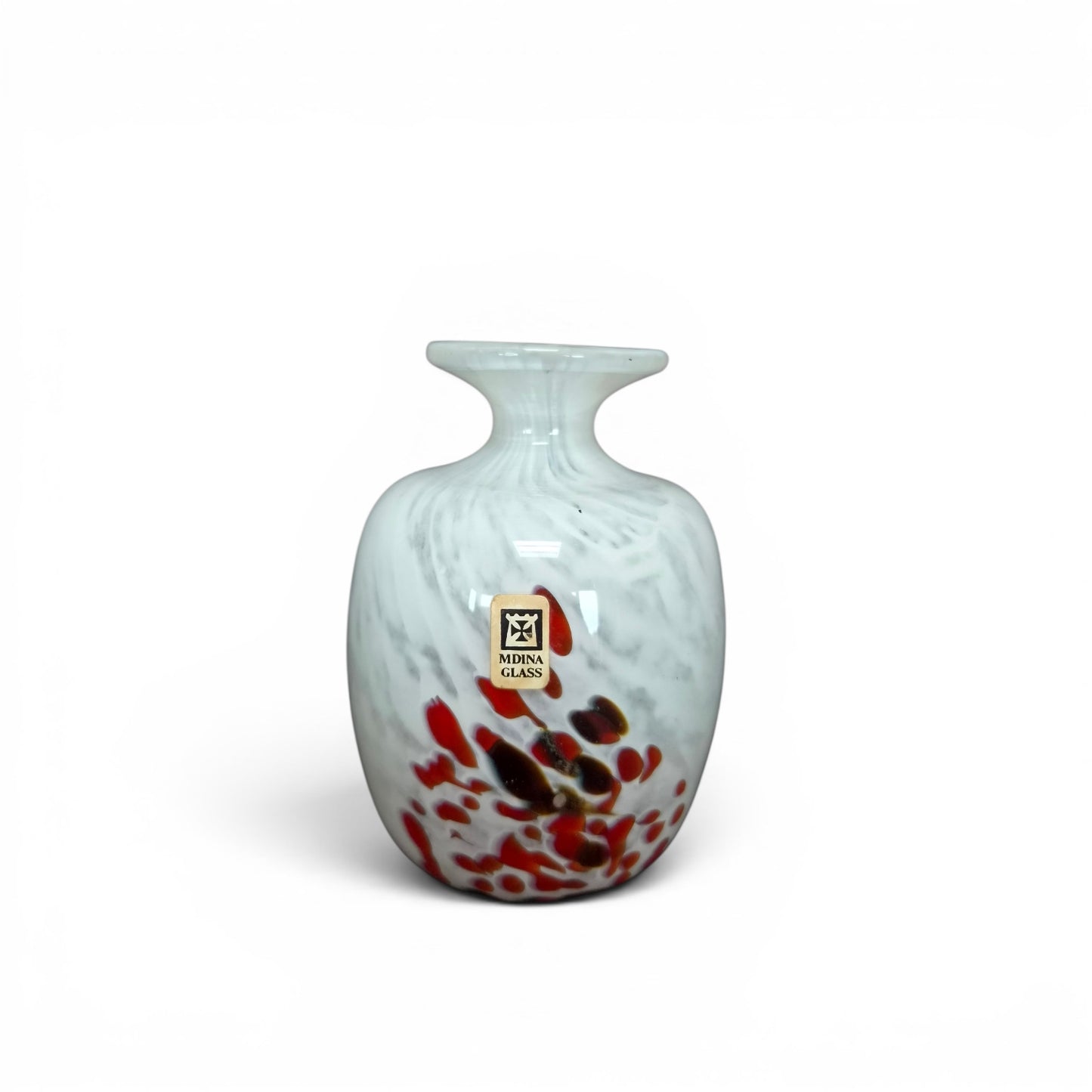 Vintage Mdina Glass Malta Studio Art Glass Vase White Mottled Red & Black Speckled Vase