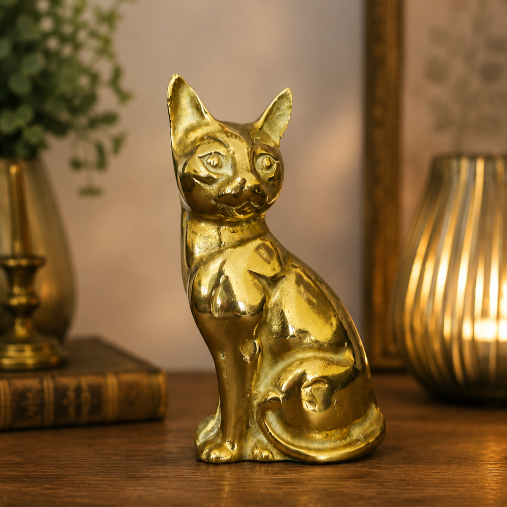 Vintage Heavy Brass Cat Figurine – Mid Century Style Seated Brass Cat Ornament