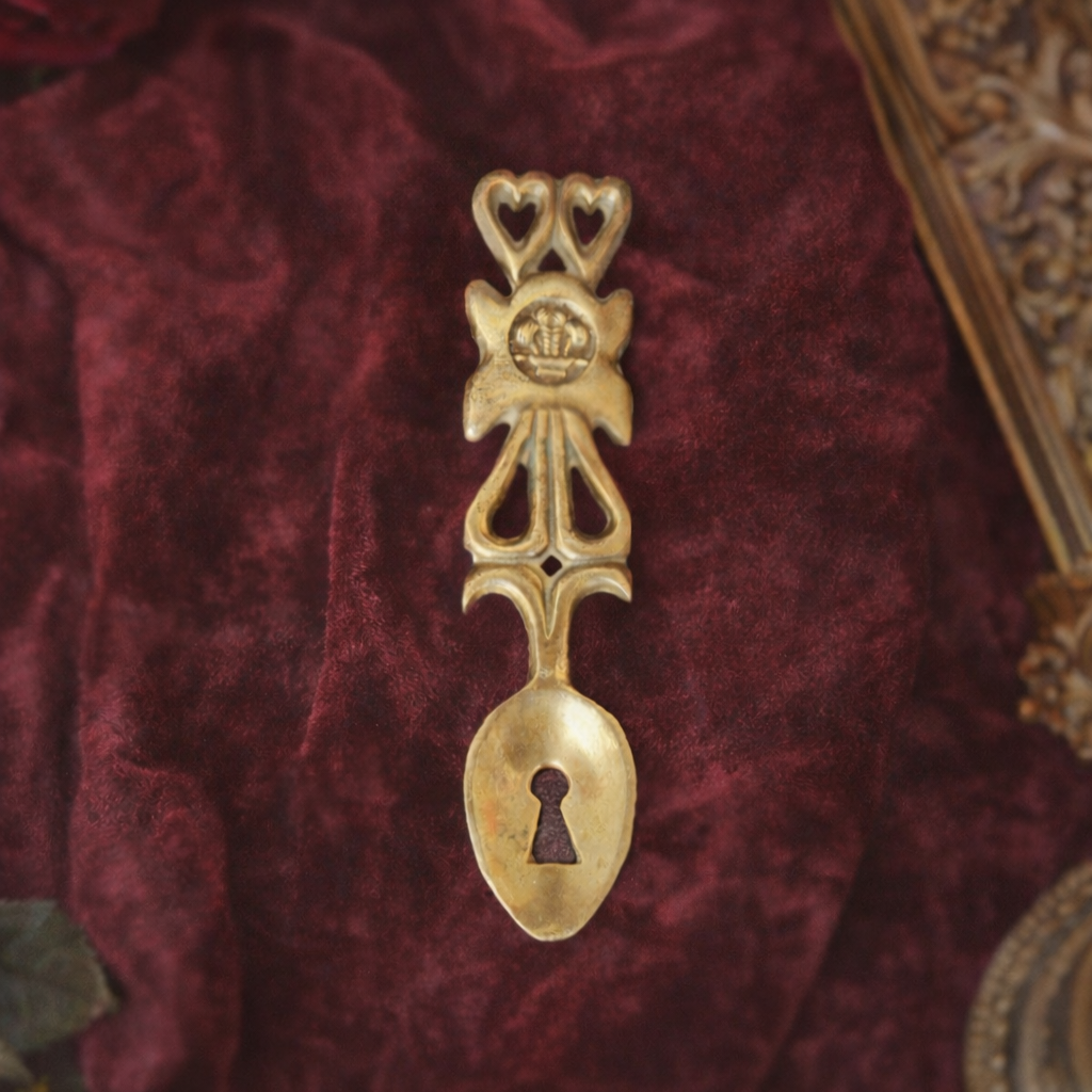 -SOLD- Rare Brass Welsh Love Spoon with Keyhole Motif & Twin Hearts, Symbol of Unity & Devotion