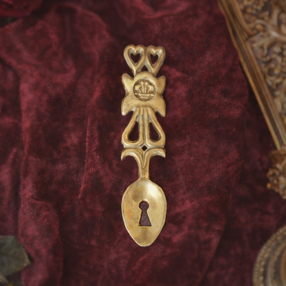 -SOLD- Rare Brass Welsh Love Spoon with Keyhole Motif & Twin Hearts, Symbol of Unity & Devotion
