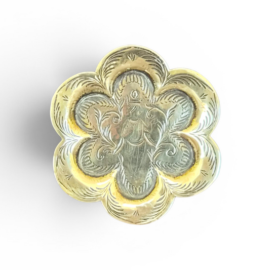 -SOLD- Vintage Indian Brass Ganesha Trinket Dish – Engraved Floral Brass Bowl – Boho Decor Jewellery Tray
