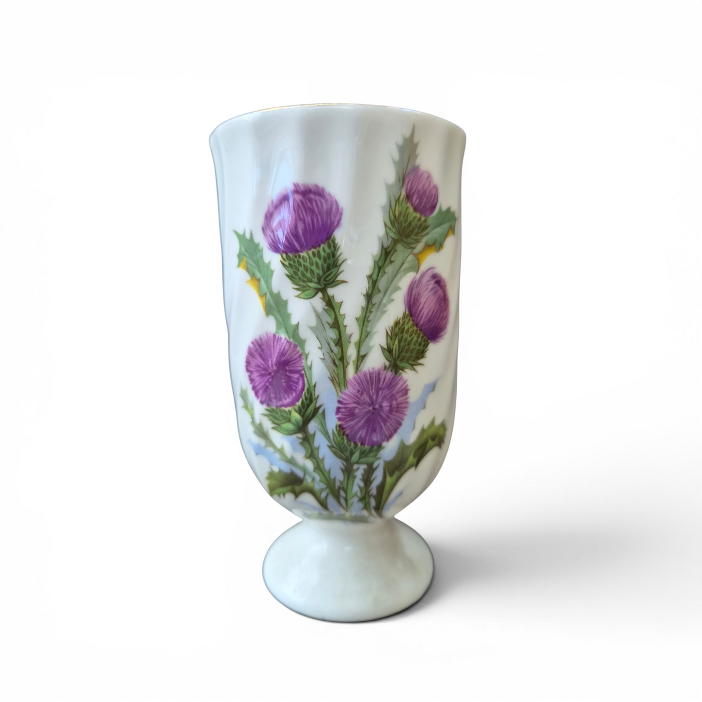 -SOLD- Vintage Royal Vale Thistle Bud Vase – Iridescent Blue Lustre Footed Vase – Made in England – Scottish Floral Bone China