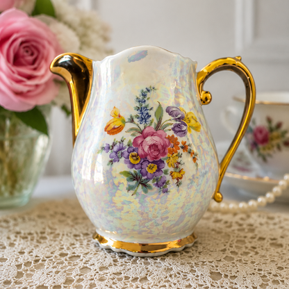 -SOLD- Vintage EPIAG Czechoslovakia Lustreware Floral Cream Jug | Iridescent Porcelain Milk Jug with Gold Gilt Trim