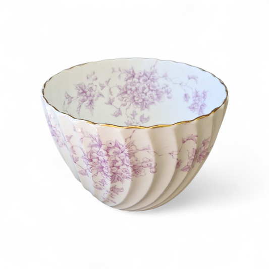 Elegant Vintage Chapman English Porcelain Bowl, Fluted Form with Lilac Floral Motif and Gilt Rim
