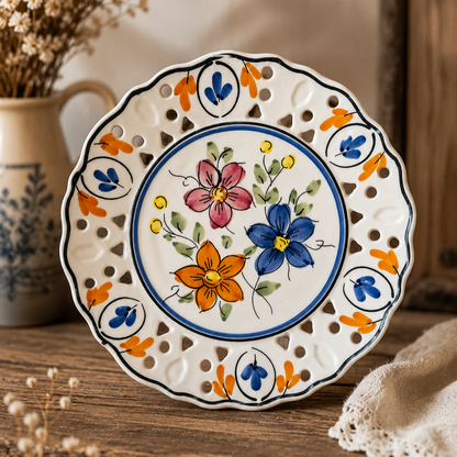 Vintage Hand Painted Spanish Pierced Ceramic Plate | Hnos Martinez Floral Pottery Dish | Rustic Mediterranean Wall Plate