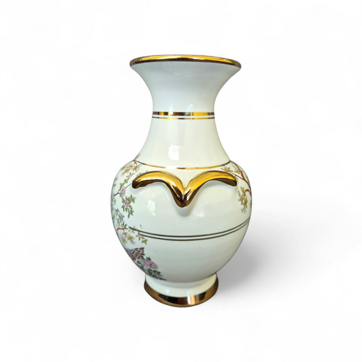 Vintage Hand-Finished Porcelain Vase with 24K Gold Detailing, Oriental Bird Motif