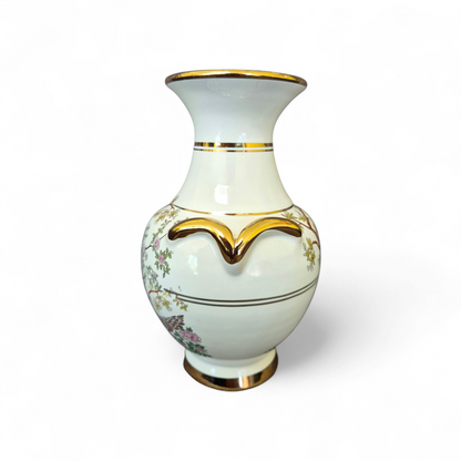 Vintage Hand-Finished Porcelain Vase with 24K Gold Detailing, Oriental Bird Motif