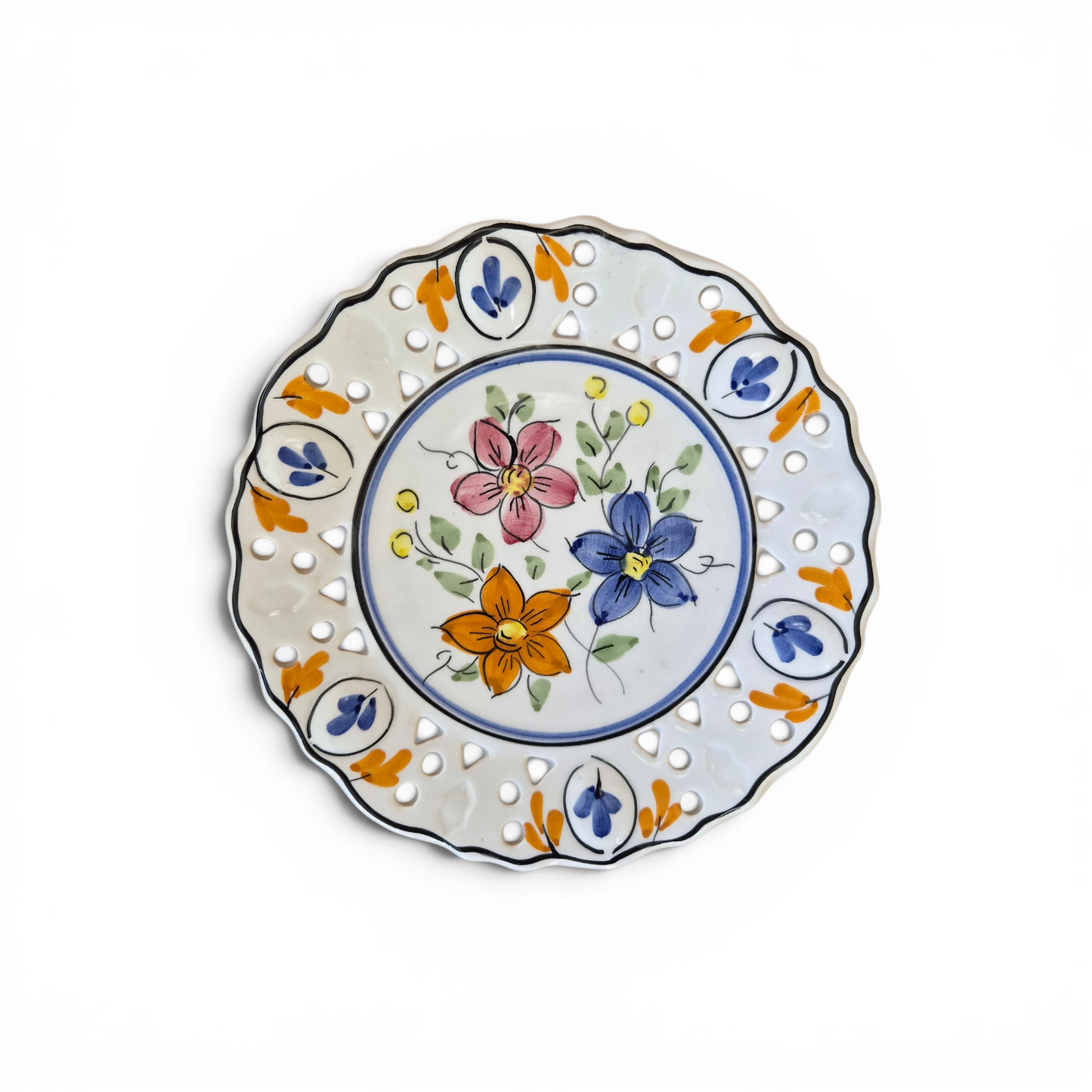 Vintage Hand Painted Spanish Pierced Ceramic Plate | Hnos Martinez Floral Pottery Dish | Rustic Mediterranean Wall Plate