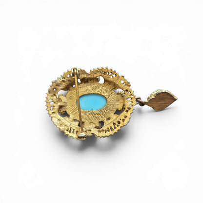 -SOLD- Vintage Gold Tone Filigree Brooch with Turquoise Cabochons & Sunburst Motif Pendant Drop