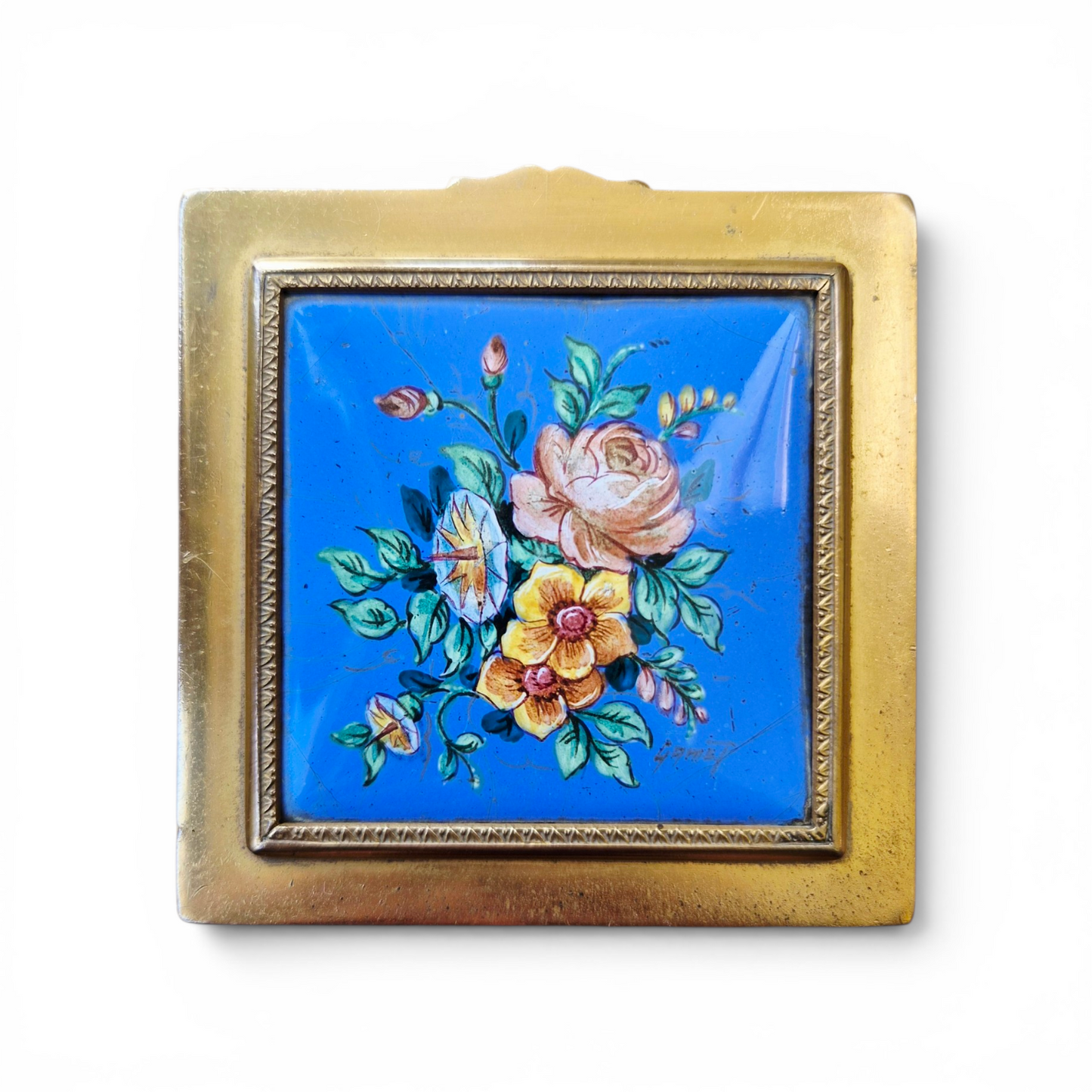 Vintage French Brass Compact Mirror – Hand-Painted Floral Blue Enamel Style Vanity Compact – Made in France – 7.5cm