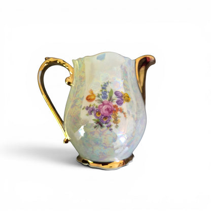-SOLD- Vintage EPIAG Czechoslovakia Lustreware Floral Cream Jug | Iridescent Porcelain Milk Jug with Gold Gilt Trim