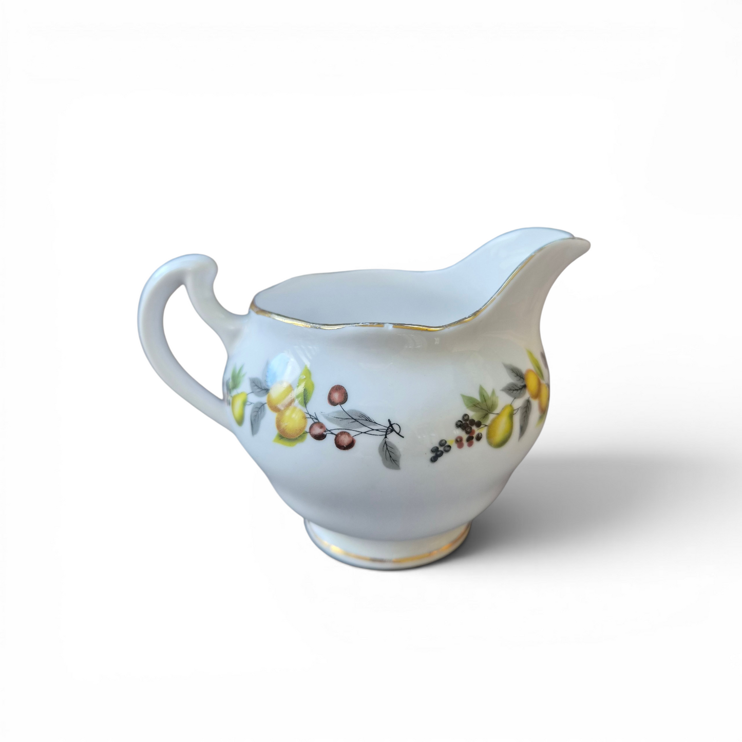 Vintage Royal Vale Bone China Cream Jug – English Floral & Fruit Milk Jug with Gilt Trim