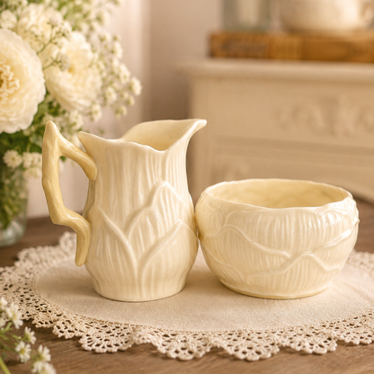 -SOLD- Vintage Belleek Ireland Cream Jug & Sugar Bowl Set – Ivory Tree Bark Design