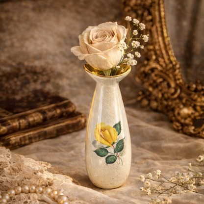 Vintage Wade England Bud Vase with Gilded Interior & Hand-Painted Yellow Rose