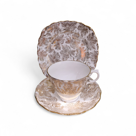 Vintage Colclough Bone China Tea Trio – Rich Gilt Floral Chintz Pattern, English Afternoon Tea Set