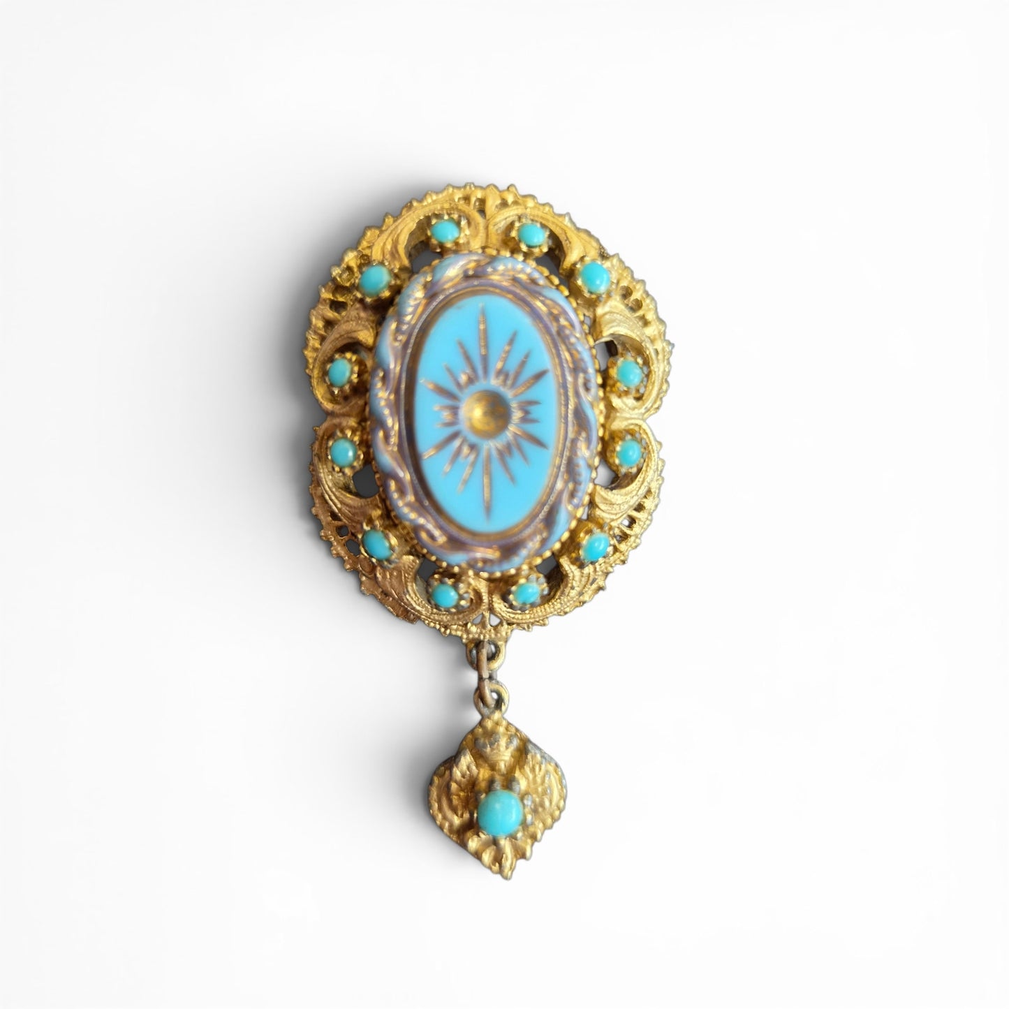 -SOLD- Vintage Gold Tone Filigree Brooch with Turquoise Cabochons & Sunburst Motif Pendant Drop