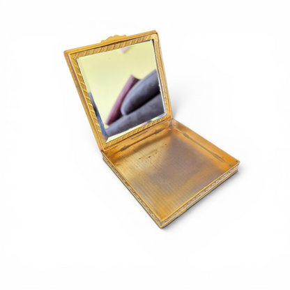Vintage French Brass Compact Mirror – Hand-Painted Floral Blue Enamel Style Vanity Compact – Made in France – 7.5cm