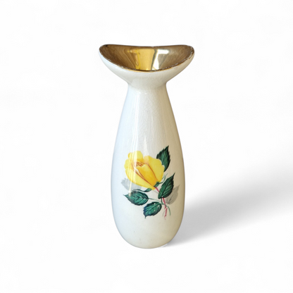 Vintage Wade England Bud Vase with Gilded Interior & Hand-Painted Yellow Rose
