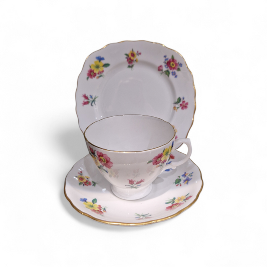 Vintage Royal Vale Floral Tea Trio – Fine Bone China Cup, Saucer & Plate with Gilt Detail