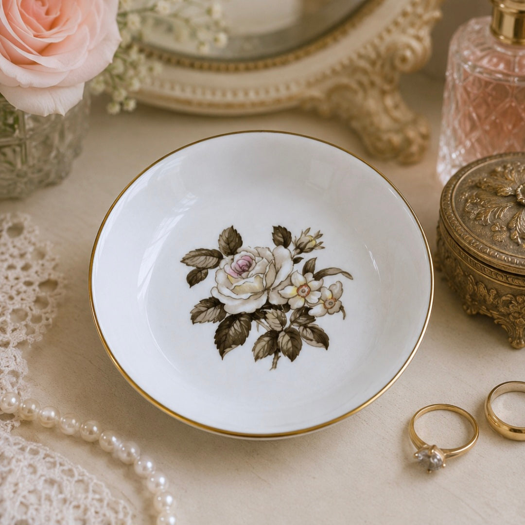 Vintage Royal Worcester Fine Bone China Floral Trinket Dish – England – Gilt Rim Rose Pin Dish