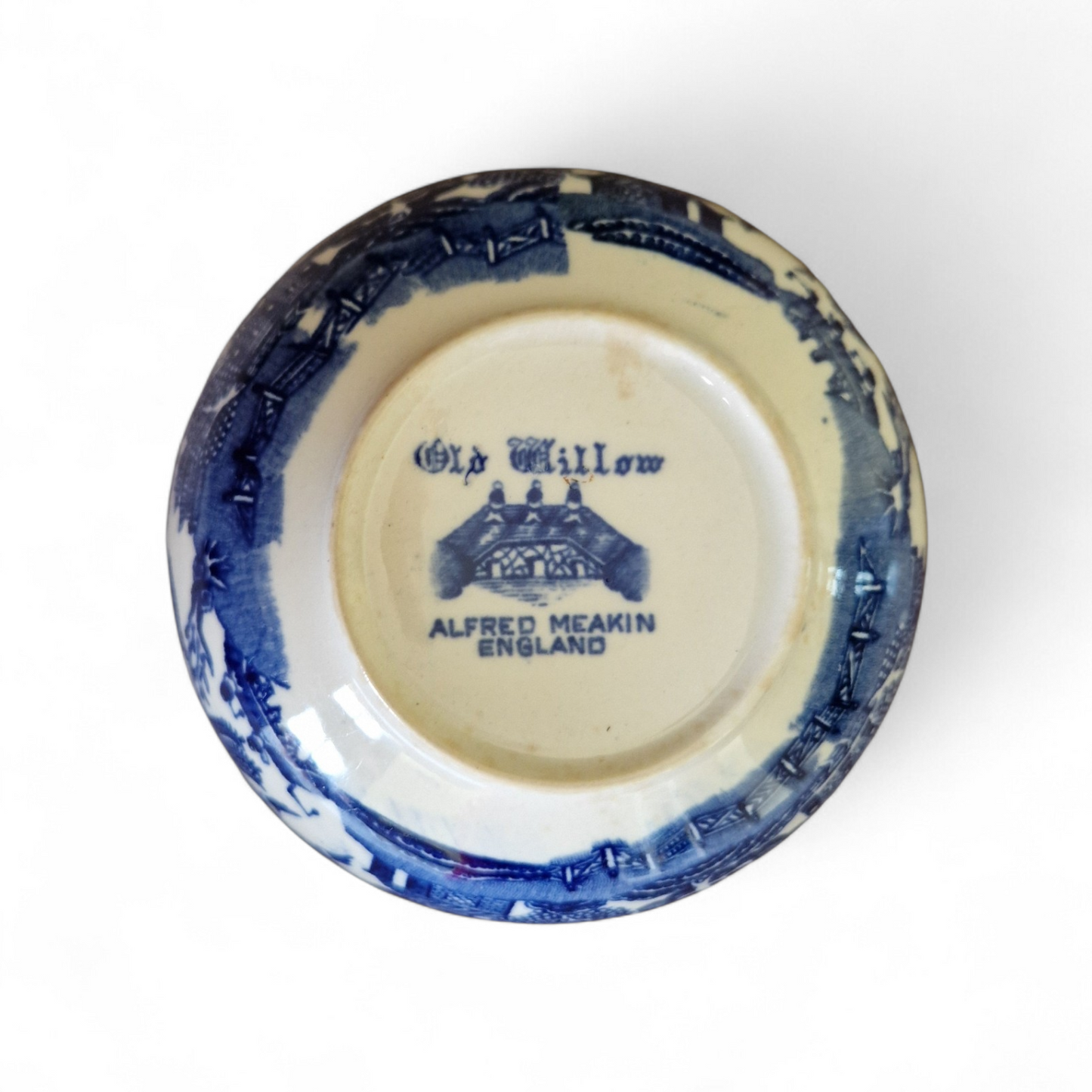 -SOLD- Vintage Alfred Meakin “Old Willow” Bowl – Blue & White English Transferware, Pagoda Backstamp, 12cm