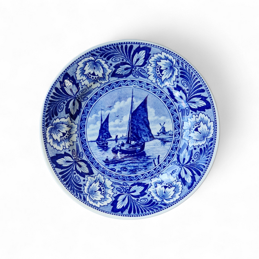 -SOLD- Vintage Delft Style Blue & White Plate – Dutch Sailing Scene with Windmill – Decorative Display Piece