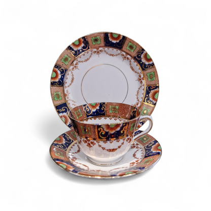 Vintage English Bone China Tea Trio, Imari Style, Rich Cobalt, Burnt Orange & Gilt Detail, Elegant Heritage Teaware