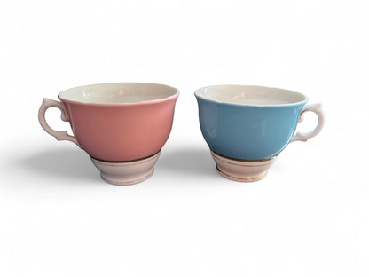 -SOLD- Vintage 'His and Hers' Colclough Bone China Teacups – Pastel Pink & Blue Duo, Made in England