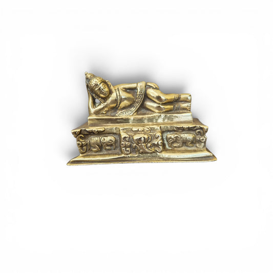 -SOLD- Vintage Heavy Brass Reclining Buddha Ornament on Decorative Plinth – Thai Style Figure 9.5cm