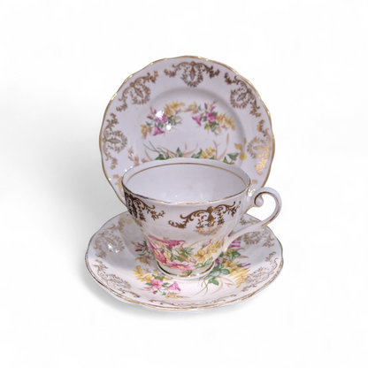 -SOLD- Vintage English Bone China Tea Trio – 22ct Gold Gilded Floral Design, Elegant Afternoon Tea Set