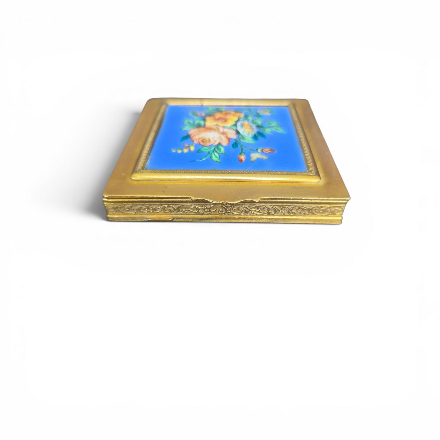 Vintage French Brass Compact Mirror – Hand-Painted Floral Blue Enamel Style Vanity Compact – Made in France – 7.5cm