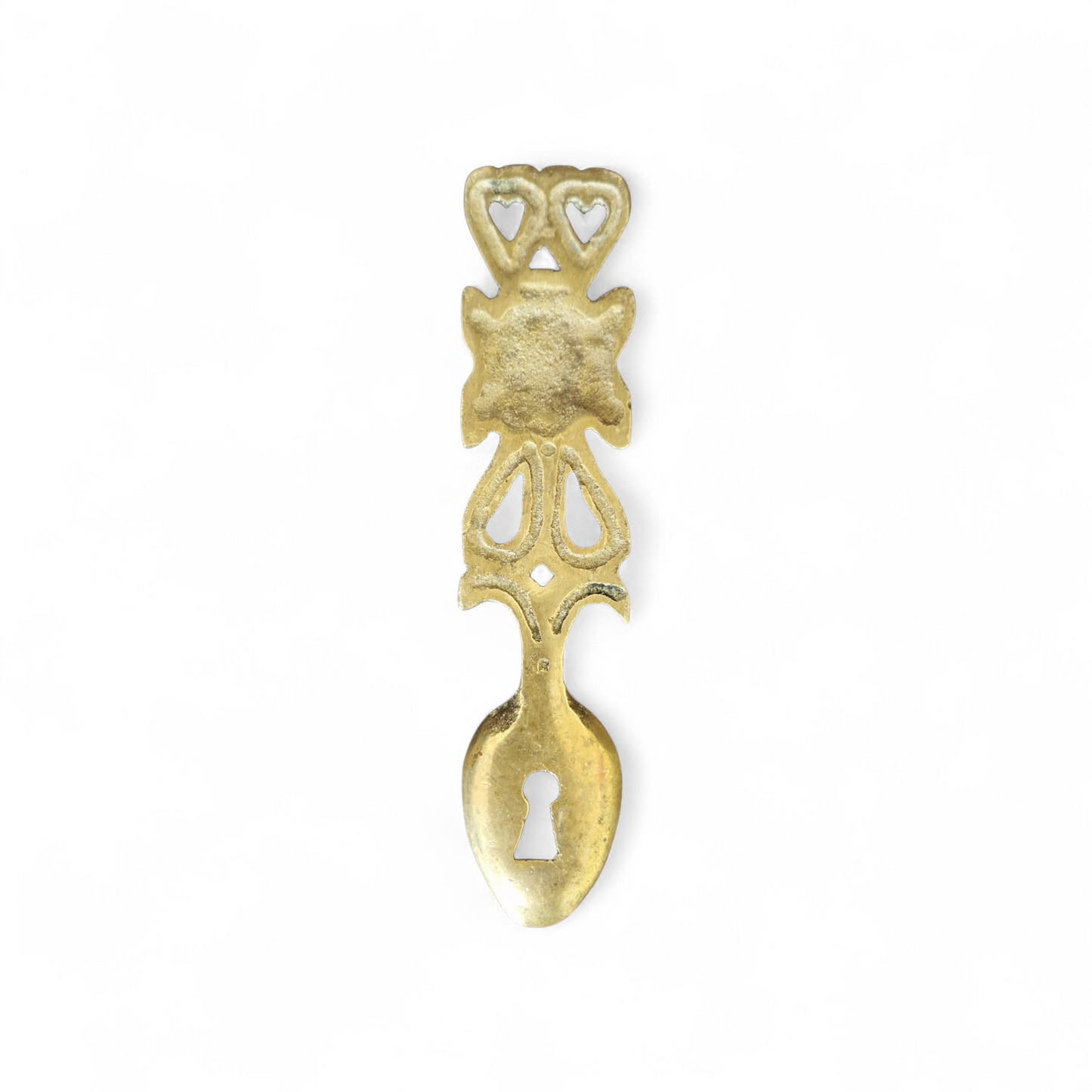 -SOLD- Rare Brass Welsh Love Spoon with Keyhole Motif & Twin Hearts, Symbol of Unity & Devotion